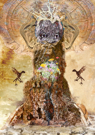 The Bark King by Henrik Kock - a crowned figure of bark and moss with wildflowers before a zodiac chart