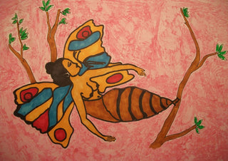 EGO fallenlassen by Olaf Baier - a woman with large patterned butterfly wings among bare branches