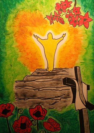 Die Wiederauferstehung by Olaf Baier - a glowing figure rising from a grey stone slab among red poppies