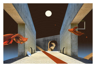 Daydream by Fran Rodriguez - a concrete hall with a marble head, red carpet and orange cloth