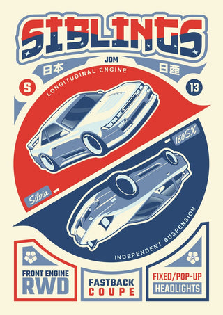 Nissan S13 Siblings by Kaminarirace - the Silvia and the 180SX on a red and navy diagonal split