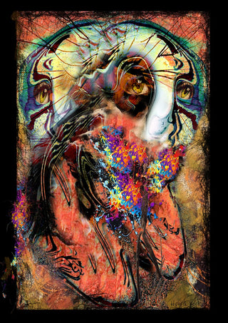 TogetherForever by Henrik Kock - overlapping faces with amber eyes and a spray of colour on a coral ground