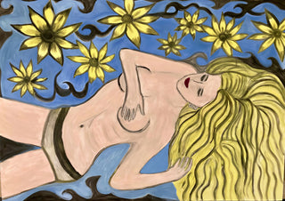 Die Blonde by Carmen Coduri - a reclining woman with long yellow hair among large yellow flowers on blue