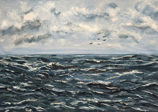 Beyond the storm by Maya - a choppy dark blue sea with white crests under pale cloud