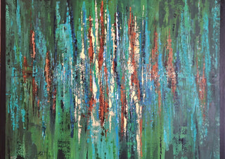 Green abstract 2 by Dina - vertical bands of green, turquoise and teal streaked with cream and red