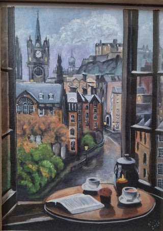 Rainy day by Dina - a grey town with a clock tower seen through an open window above a coffee table