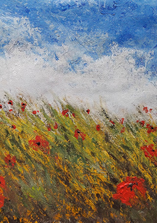 Coquelicots by GAHO - red poppies in a field of green and gold grasses under a blue sky