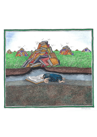 The Reading Mole by Waldemar Mandzel - a mole reading underground while the molehills above are piles of books