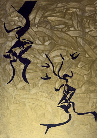 Whispers in Gold by Bibi - faces in profile drawn in black line on a gold ground