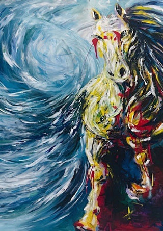 Undefined feeling by Tonia - a pale horse rearing out of a swirling blue-grey wave