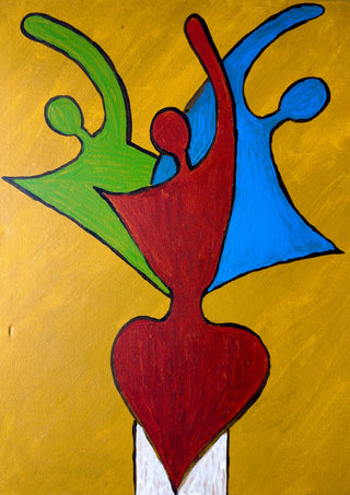 The Synthesis of Sel by Bibi - three interlocked figures in green, red and blue on yellow