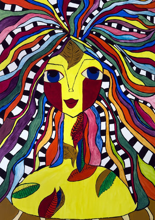 Kaleidoscopic Minds by Bibi - a yellow face with hair spreading in coloured ribbons