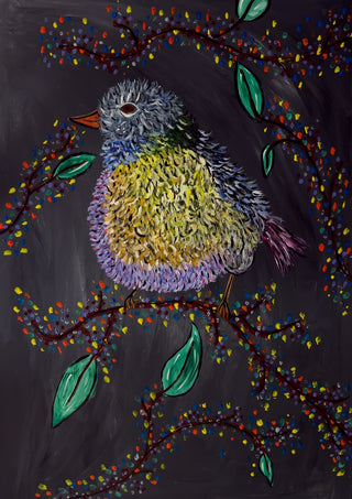 Digital Alchemy by Bibi - a speckled bird on a branch against a near-black ground