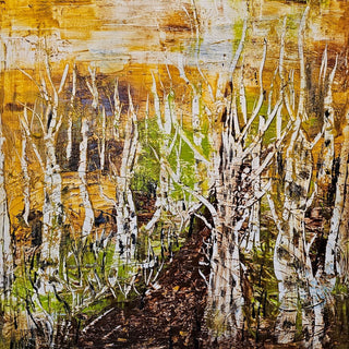Release by Sabine Halbrock - white birch trunks against golden ochre and bright green