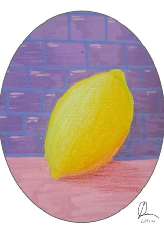 ABCitron by L.OE. Art - a yellow lemon in an oval against a purple brick wall