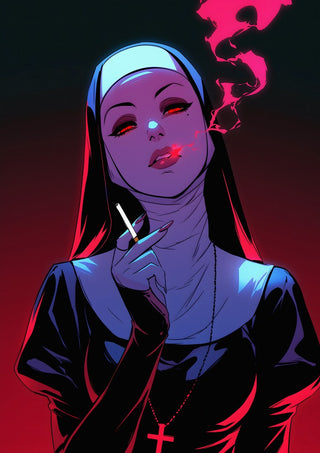 I don't care by Melancholy Machinations - a nun with red eyes smoking, pink smoke forming a skull