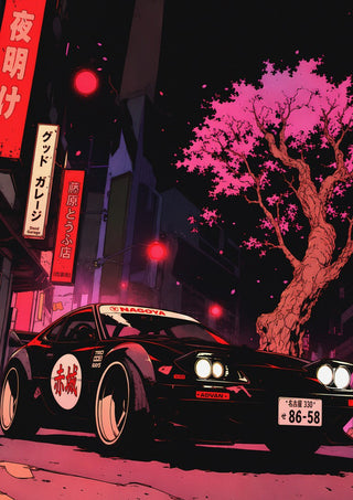 Drift Division 02 by Melancholy Machinations - a black sports car on a neon-lit Japanese street under a pink cherry tree