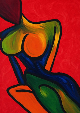 Anatomy of Introspection by Bibi - an abstract seated figure on a crimson red ground