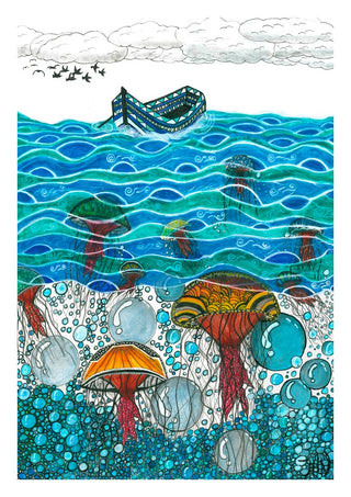 Jellyfish Sea by JHN.ByHjort - a patterned boat on turquoise waves with jellyfish below