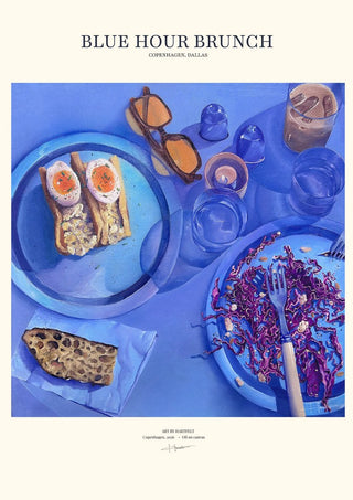 Blue Hour Brunch by Ditte Hartfelt - a blue brunch table seen from above, set as a titled poster