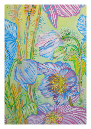 Sfumature blu by Maria Emanuela Fiori - blue and lilac poppies with yellow stamens on yellow-green