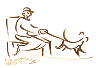 Man and Dog by Eva Hartman - a man on a bench and a dog drawn in one unbroken brown line