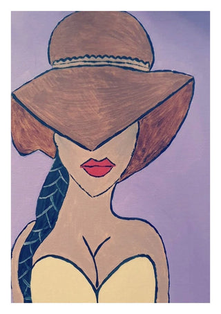 Shaded Allure by Bibi - a woman under a wide brown sun hat against a soft lavender ground