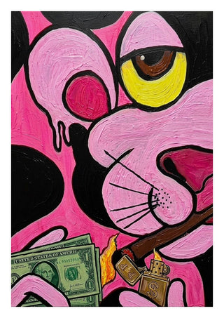 Capitalist Illusion by Bibi - the Pink Panther with a cigar and dollar bills in pink and black