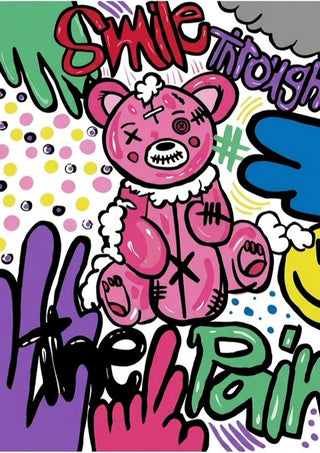 Smile Through The Pain by Bibi - a stitched pink teddy bear in graffiti lettering and dots