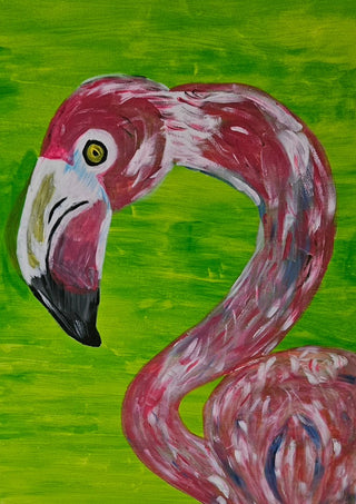 Vibrant Flamingo by Bibi - a rose and crimson flamingo against a bright green ground
