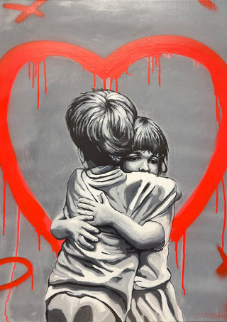 The Hug by Cash - two children holding each other under a dripping red heart
