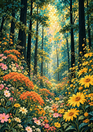 Golden Forest Light by Yokohama - golden light through dark trees above sunflowers and orange blossom