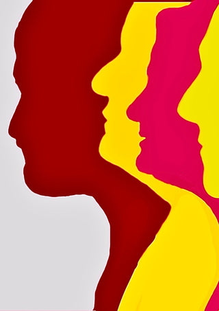 Genesis by Tonia - four overlapping flat profiles in red, yellow and magenta