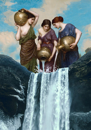 Magic Waterfall by Dikhotomy - three classical figures pouring golden jars into a real waterfall