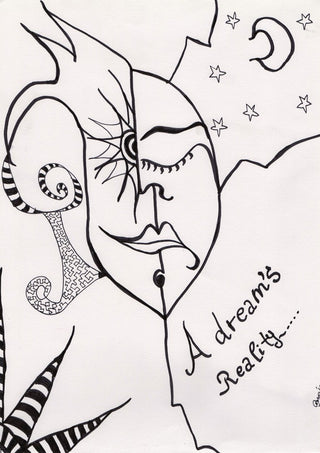 A dreams' reality by A Sleepy Spirit Art - a face drawn in one unbroken black line under a moon and stars