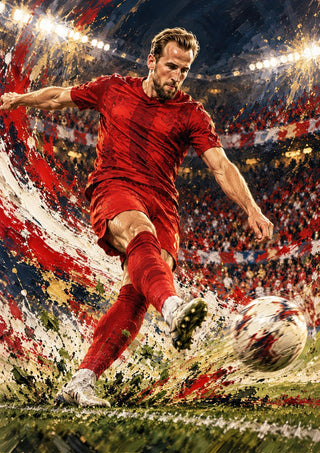 Harry Kane by Danii Steinfeldt - Harry Kane striking the ball in a red shirt