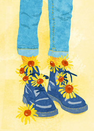 Illustration of blue boots with sunflowers, worn by a person in rolled-up jeans on a yellow background.
