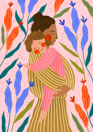 Gentle Mother's Embrace by Bea Müller – mother holding her sleepy child against pink floral background