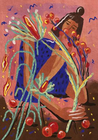 Illustration of a person in blue picking colorful abstract flowers, from "Pick a Flower" by Raissa Oltmanns.
