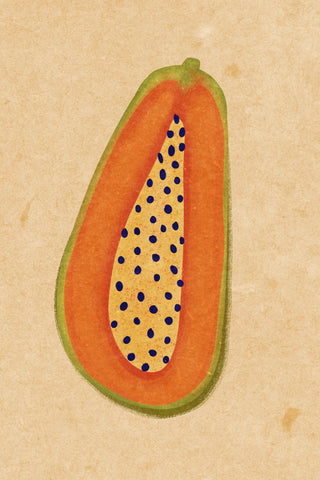 Illustration of a papaya with orange flesh, green rind, and black seeds by Raissa Oltmanns.