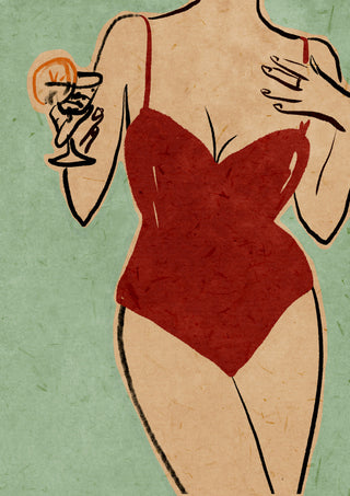 Illustration of a woman in a red swimsuit holding a cocktail, inspired by Beach Girl - Raissa Oltmanns.