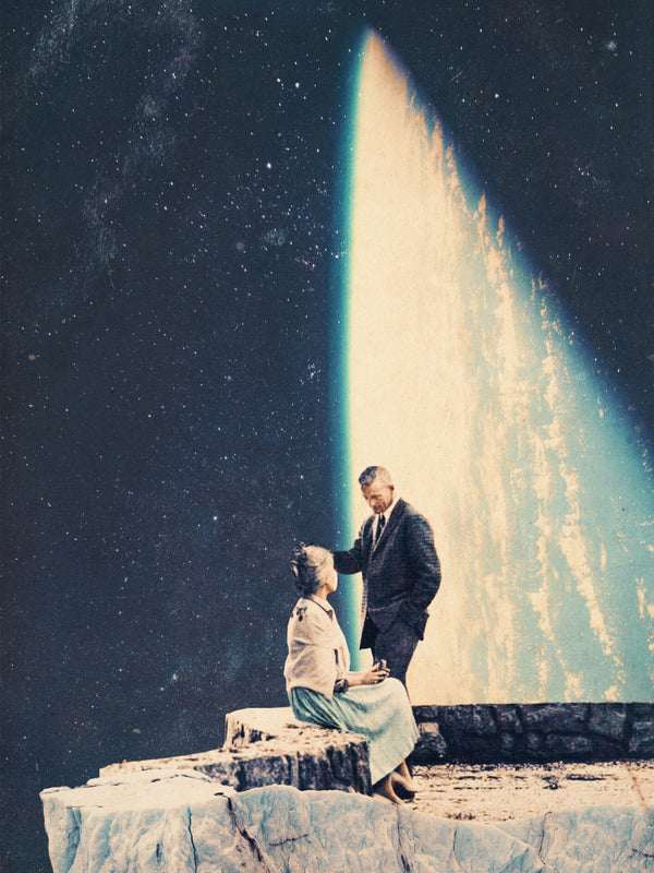 A couple on a rocky ledge gazing at Earth from space, inspired by "This Love" by Frank Moth.