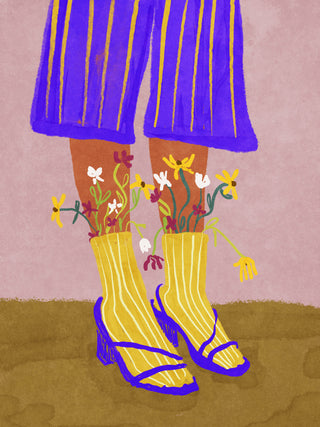 Illustration of legs in striped pants and heels, with colorful flowers emerging from yellow socks.