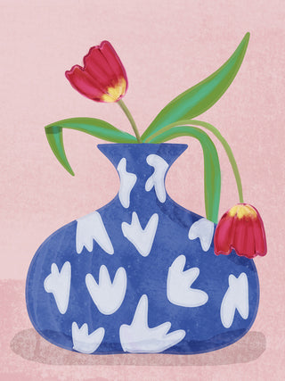 Illustrated tulips in a blue and white vase, inspired by Raissa Oltmanns, on a pink background.