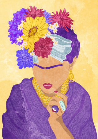 Portrait of a woman with colorful flowers in her hair, wearing purple clothing and jewelry, inspired by Frida Kahlo.