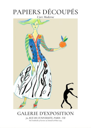 French art collage poster with colorful figure, abstract skirt, and orange fruit, inspired by modern Paris galleries.
