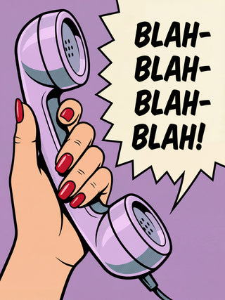 Comic-style hand holding a phone, speech bubble says "Blah-Blah-Blah-Blah!" for Blah Blah Blah by Andreas Magnusson.