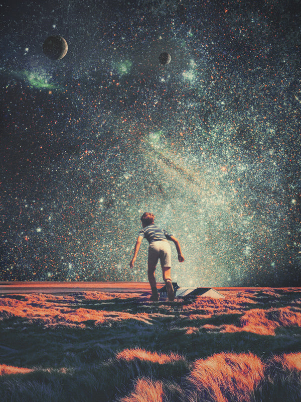 Surreal art of a boy running through a field under a vibrant, star-filled cosmic sky by Frank Moth.