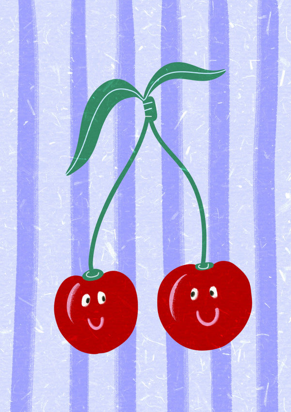 Two smiling cherries with green leaves on a blue and purple striped background.
