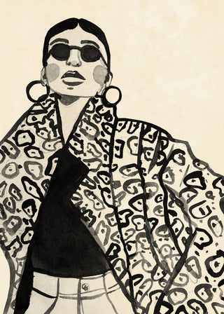 Stylish woman in sunglasses and animal print coat, illustration for Stay cool by Raissa Oltmanns.
